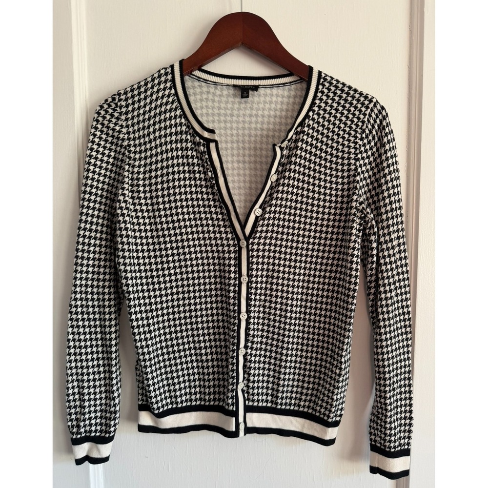 Talbots Cardigan Sweater Small S Black White Houndstooth Button Front Knit Top